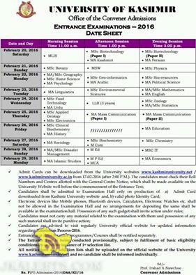 University of Kashmir Entrance Examinations - 2016 Date Sheet