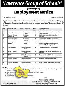 Jobs in Lawrence Group of Schools Srinagar