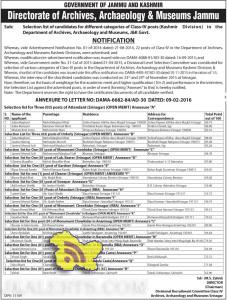 Selection list of Class-IV posts Department of Archives, Archaeology and Museums, J&K Govt