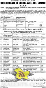Short listing for post of Class-IV Divisional Cadre Directorate of Social Welfare Jammu