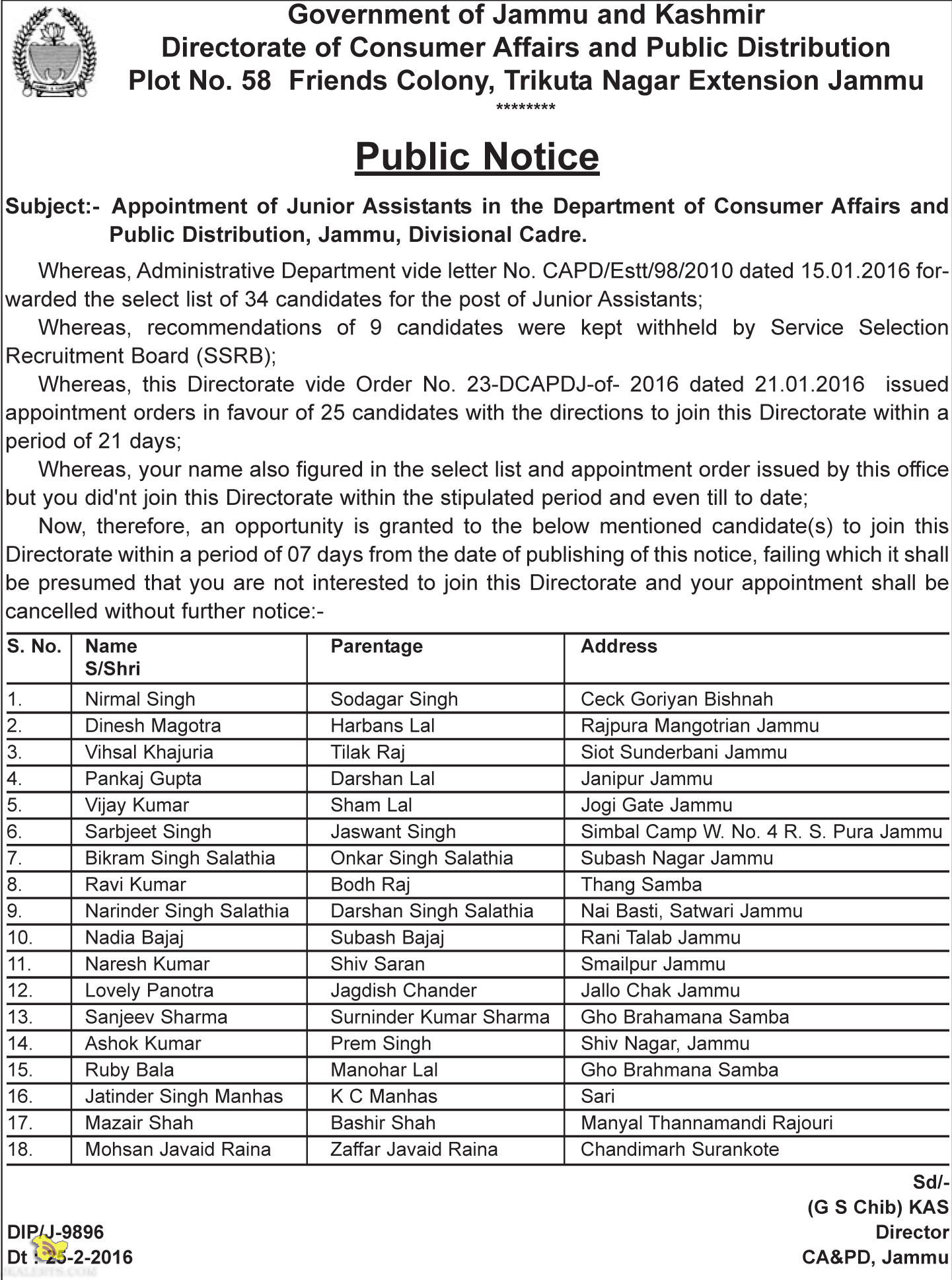 Selectionlist Junior Assistants in the Department of Consumer Affairs and Public Distribution, Jammu