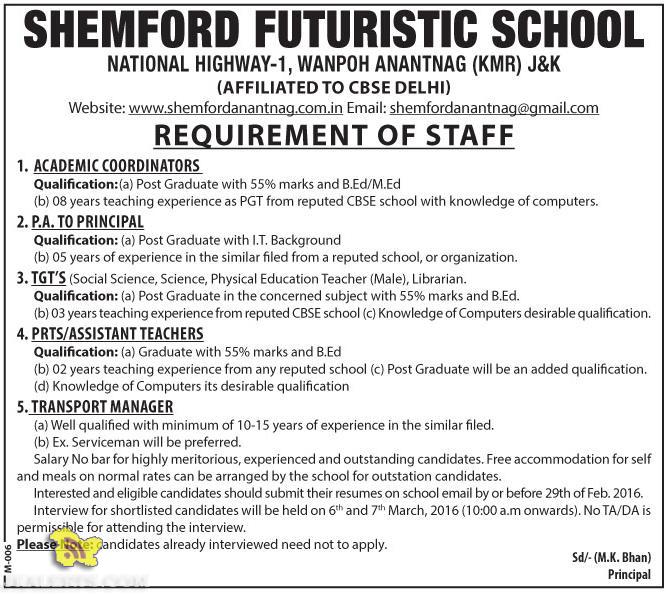 JOBS IN SHEMFORD FUTURISTIC SCHOOL WANPOH ANANTNAG (KMR)