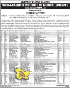 Provisional Selection list of candidates for the post of Nursing Aid G-lll Advertised by SKIMS
