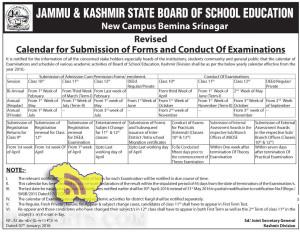 JKBOSE dates and schedule Calendar for Submission of Forms and Conduct Of Examinations