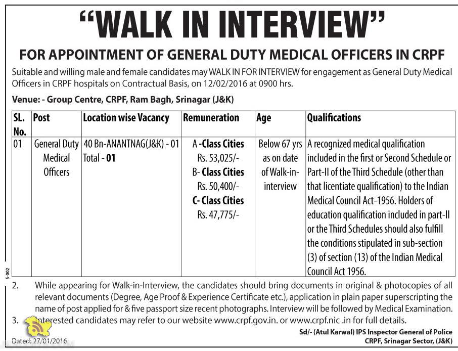 WALK IN INTERVIEW FOR APPOINTMENT OF GENERAL DUTY MEDICAL OFFICERS