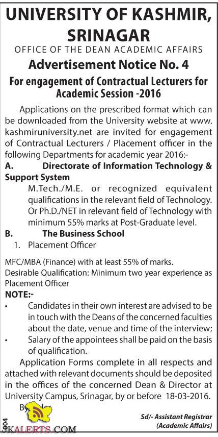 Kashmir university engagement of Lecturers for Academic Session -2016