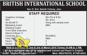 JOBS IN BRITISH INTERNATIONAL SCHOOL, Sainik Colony Jammu