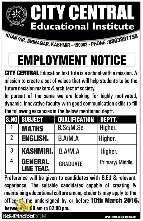 JOBS IN CITY CENTRAL Educational Institute EMPLOYMENT NOTICE