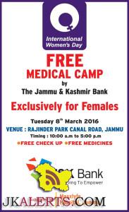 FREE MEDICAL CAMP by The Jammu & Kashmir Bank for Female in Jammu