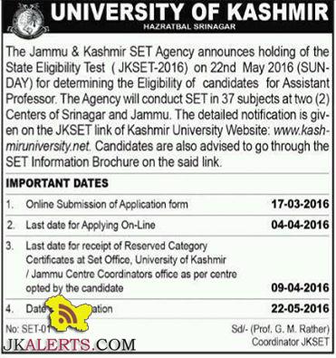 Jammu & Kashmir SET announces holding of the SET (JKSET-2016) on 22nd May