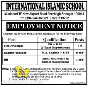JOBS IN INTERNATIONAL ISLAMIC SCHOOL
