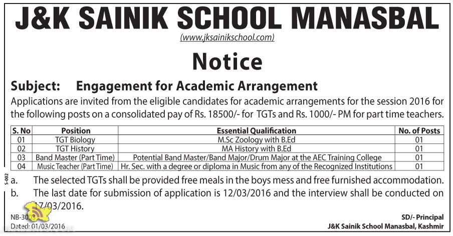 JOBS IN J&K SAINIK SCHOOL MANASBAL, Engagement for Academic Arrangement