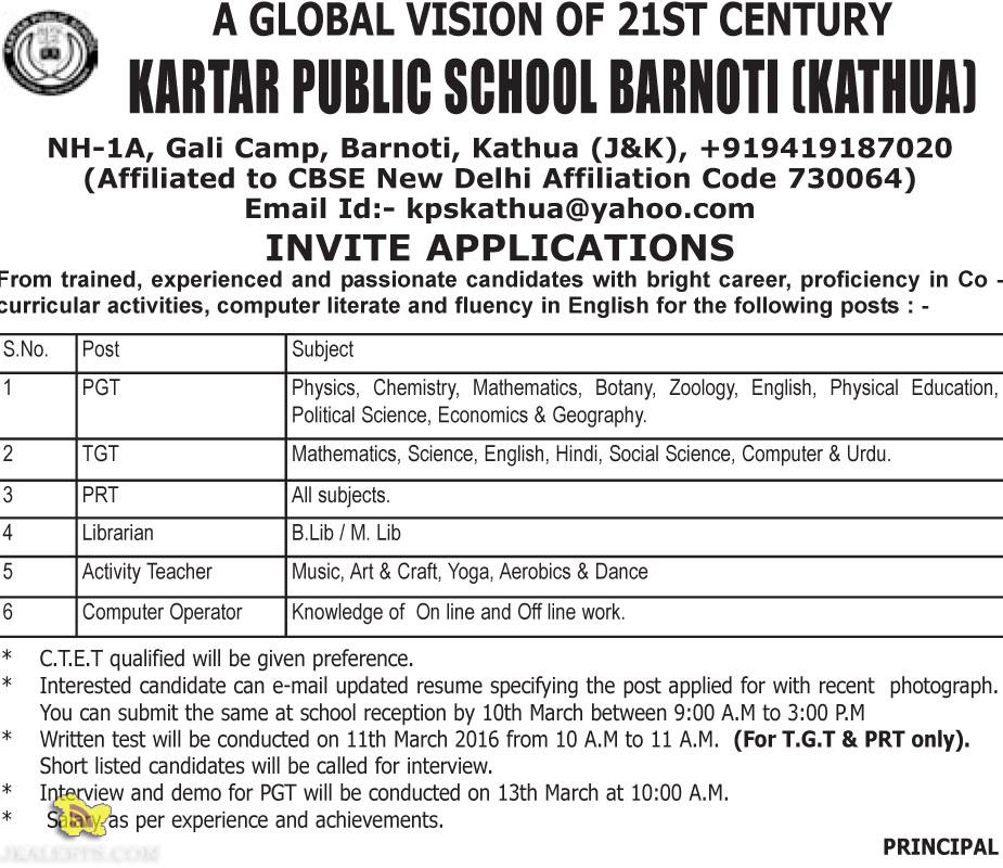 JOBS IN KARTAR PUBLIC SCHOOL BARNOTI (KATHUA)