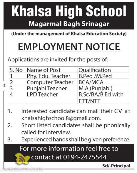 Jobs in Khalsa High School Magarmal Bagh Srinagar