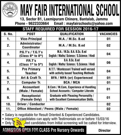 Jobs in May fair international school , Bantalab, Jammu