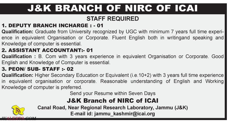 Jobs in J&k Branch of NIRC of ICAI