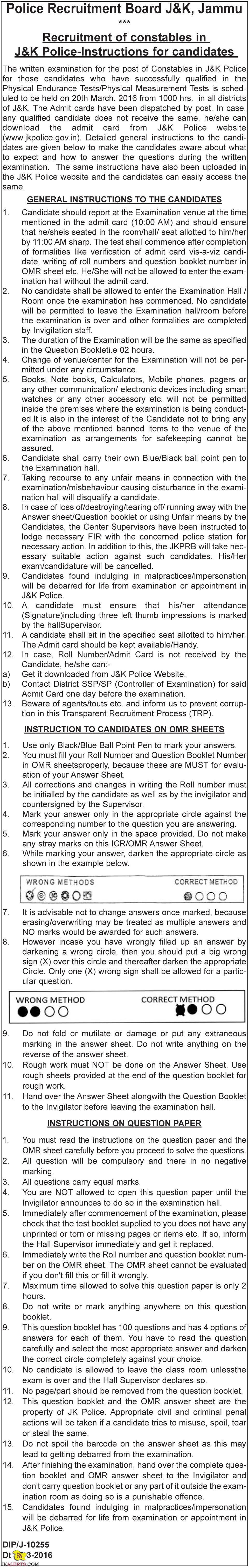 Recruitment of constables in J&K Police-Instructions for candidates