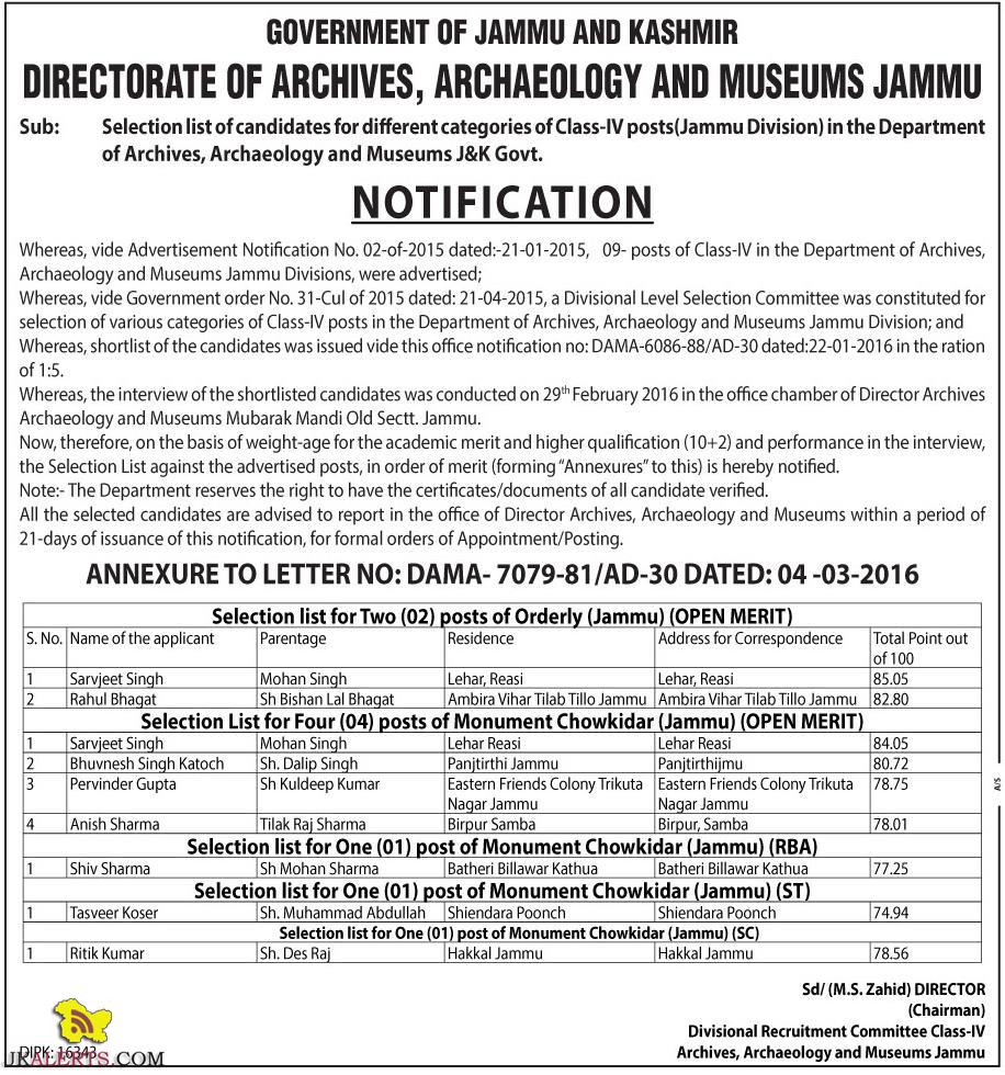 Selection list of Class-IV posts (Jammu Division)Department of Archives, Archaeology and Museums