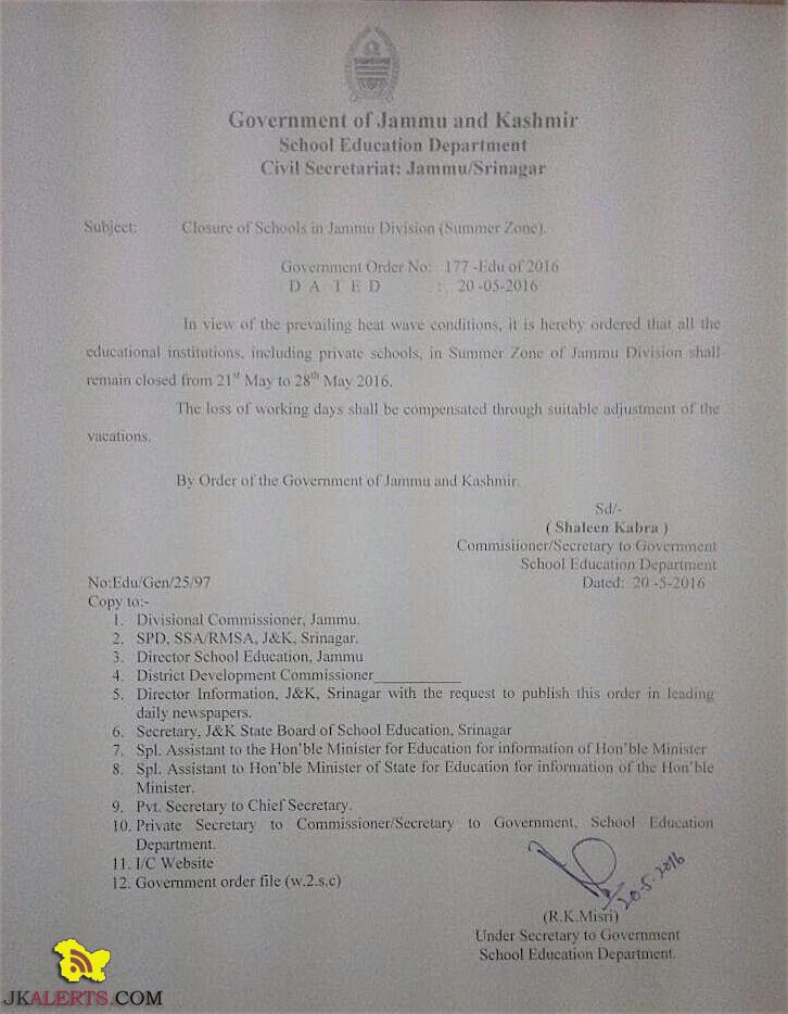 Closure of schools in Jammu Division Summer zone from 21 to 28th May 2016