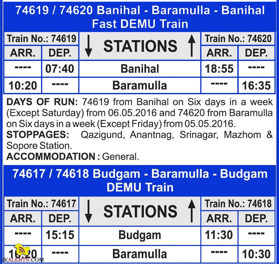 Two new trains Between Baramulla and Banihal, New Trains Timings