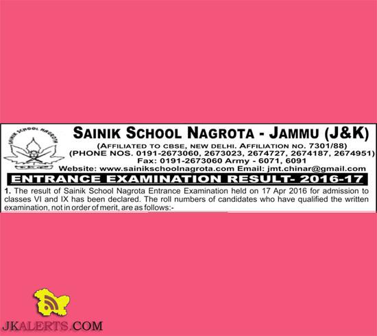 SAINIK SCHOOL NAGROTA ENTRANCE EXAMINATION RESULT -2016-17