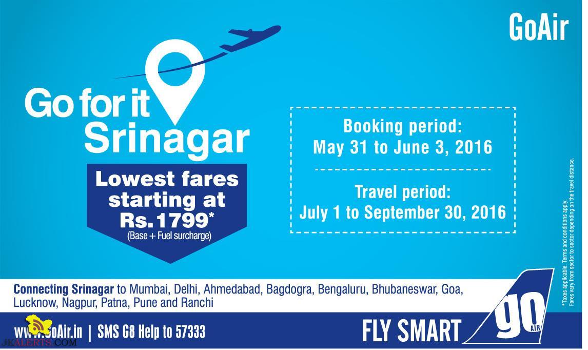 Go Air lowest fares offer from 31 may to 3 June 2016