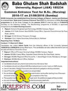 Baba Ghulam Shah Badshah University, Rajouri (J&K) CET Test B.Sc. (Nursing) 2016-17