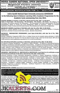 IGNOU Admission notification for July 2016 Cycle