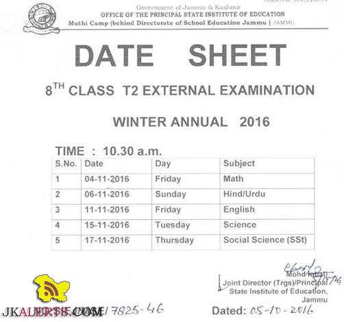 DATE SHEET 8th CLASS T2 EXTERNAL EXAMINATION WINTER ANNUAL 2016