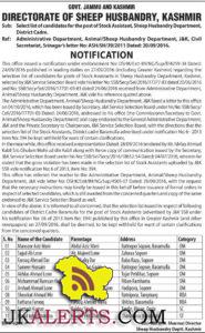 Select list of Stock Assistant, Sheep Husbandry Department, District Cadre.