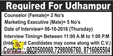 Counselor, Marketing Executive Jobs in Udhampur
