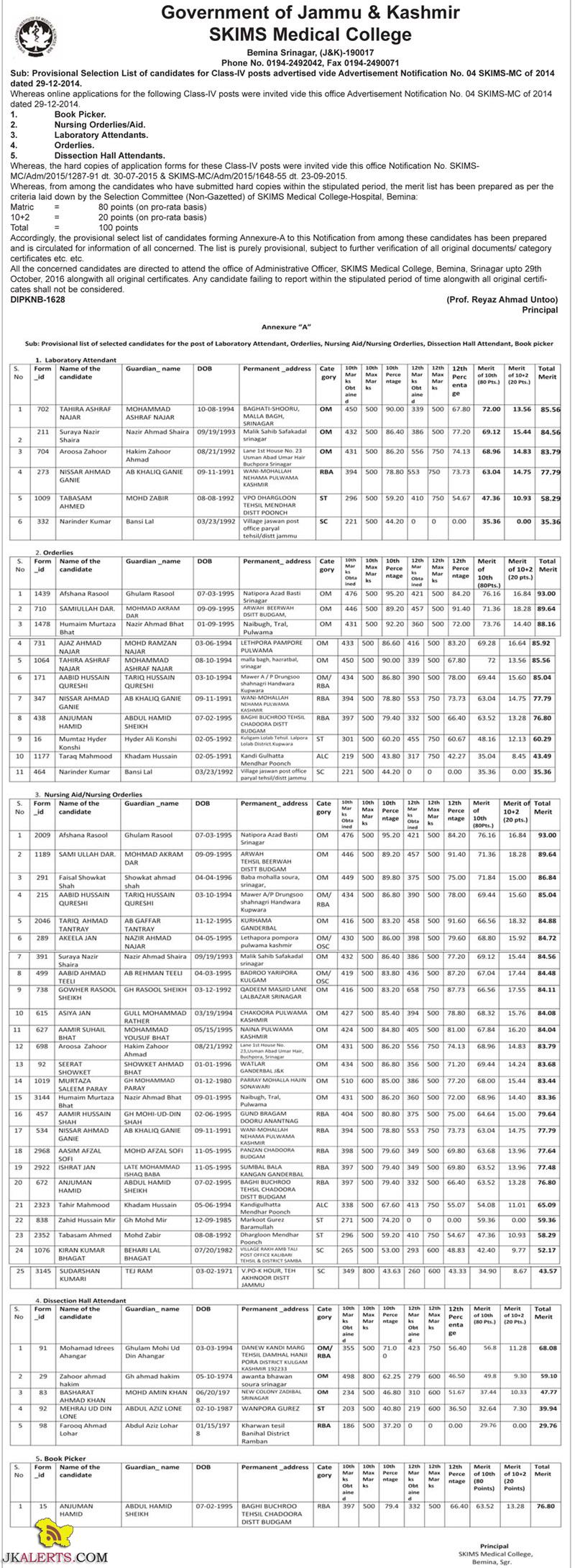 SKIMS Medical College Provisional Selection list for Class-IV posts