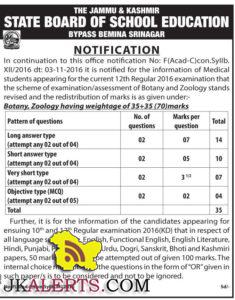 JKBOSE information of Medical students appearing for the current Class 12th Exams