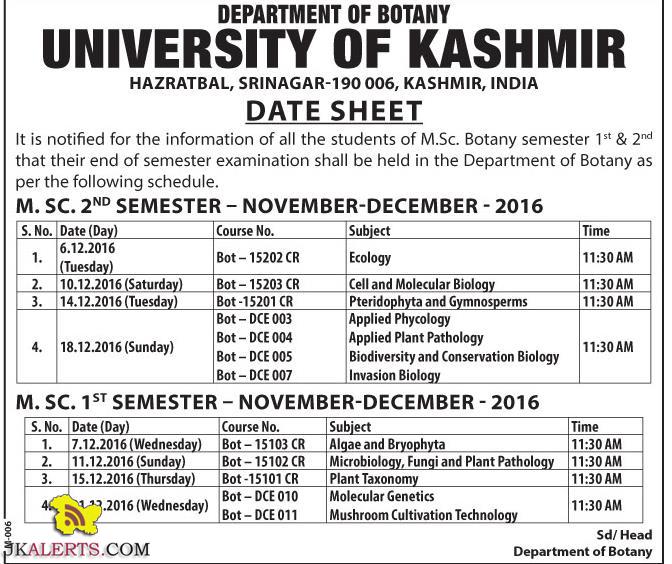 UNIVERSITY OF KASHMIR Date Sheet M.Sc. Botany semester 1st & 2nd