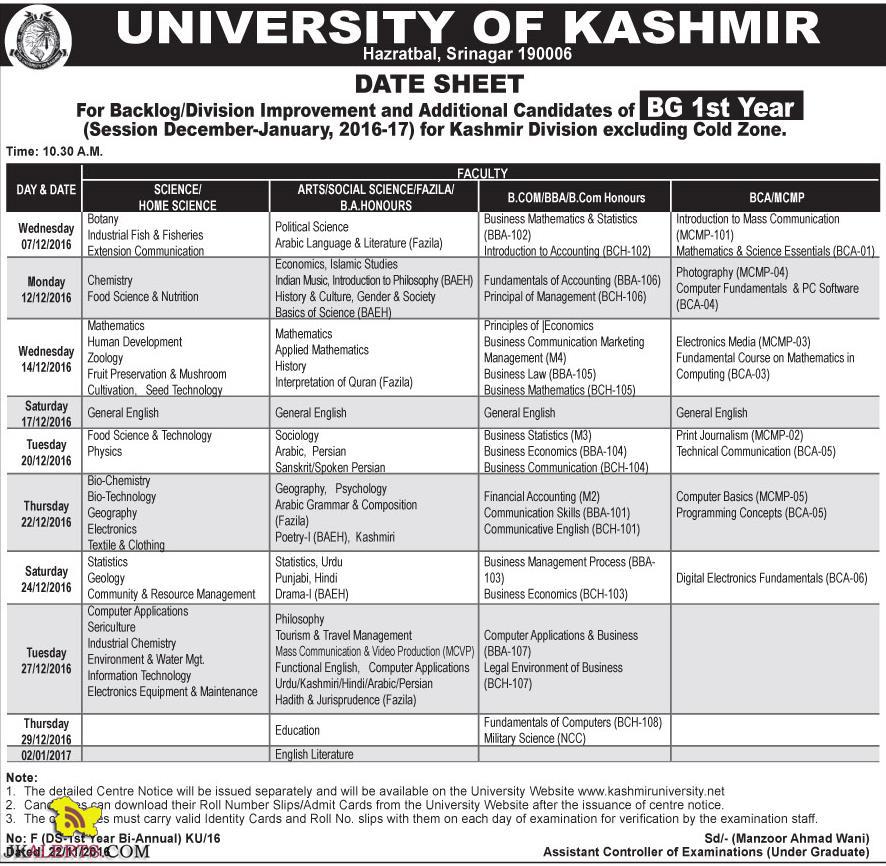 UNIVERSITY OF KASHMIR DATE SHEET BG 1st Year 2016-17 Kashmir Division