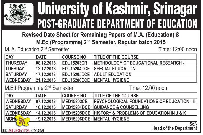 Revised Date Sheet for Remaining Papers of M.A. (Education) & M.Ed Kashmir University