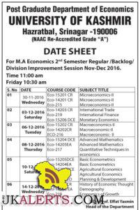 University of Kashmir DATE SHEET For M.A Economics 2nd Semester Session Nov-Dec 2016.