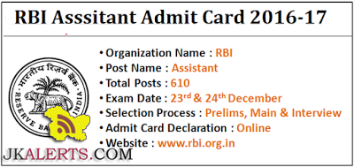 RBI Assistant Exam Admit Card 2016