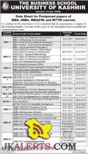 Kashmir University Date Sheet for Postponed papers of MBA, IMBA, MBA(FM) and MTTM courses