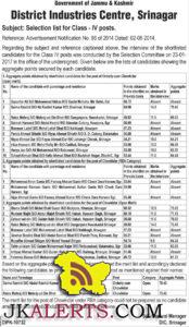 District Industries Centre, Srinagar Selection list for Class - IV posts.