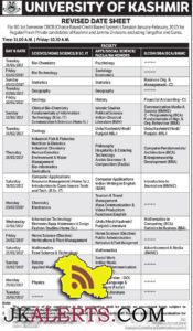 University of Kashmir BG 1st Semester CBCB Revised Date Sheet