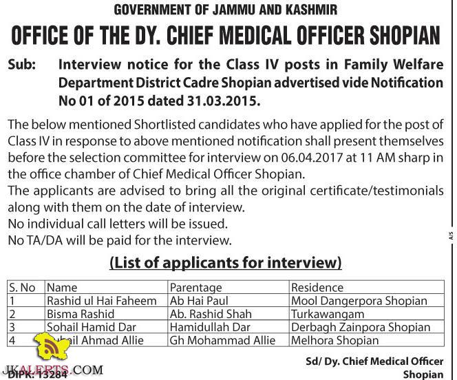 Interview notice for the Class IV posts in Family Welfare