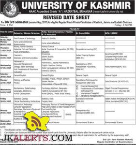 UNIVERSITY OF KASHMIR REVISED DATE SHEET For BG 3rd semester