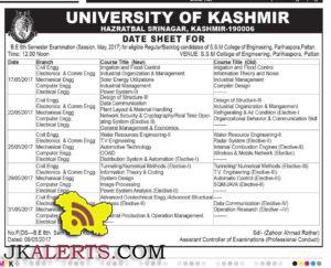University of Kashmir Date Sheet for B.E 8th Semester Exam