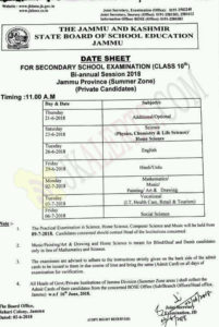 Jkbose Class 10th Date Sheet Biannual Jammu Division