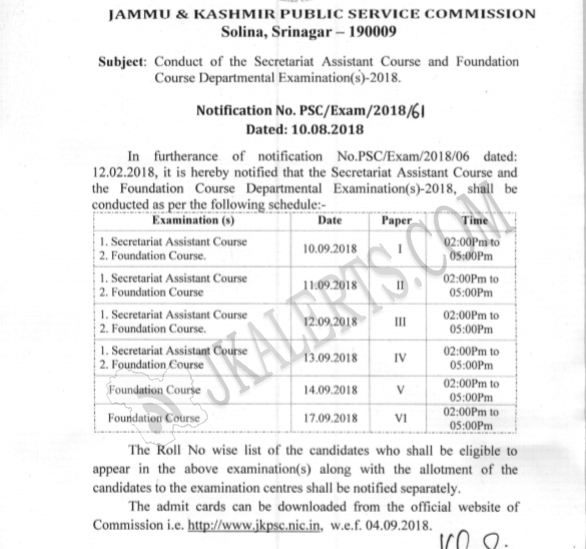 JKPSC Conduct of the Secretariat Assistant Course and Foundation Course Departmental Examination(s)