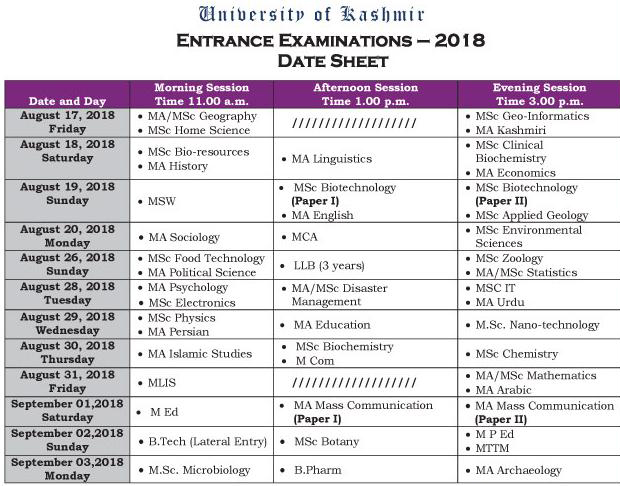 kashmir University Entrance Test 2018n date sheet