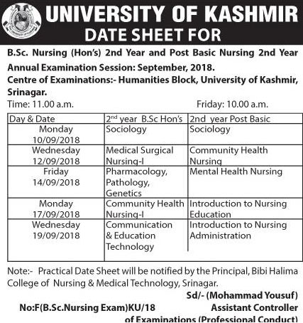 University of Kashmir Practical Date Sheet B.Sc. Nursing Post Basic Nursing 