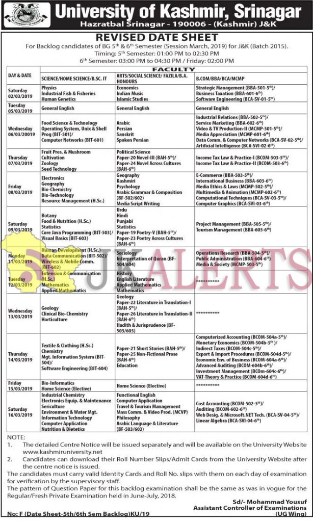 Kashmir university Revised Date Sheet, Kashmir university update, KU Date sheet