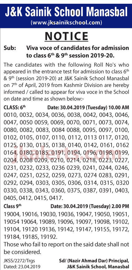 JK Sainik School Manasbal admission notification.